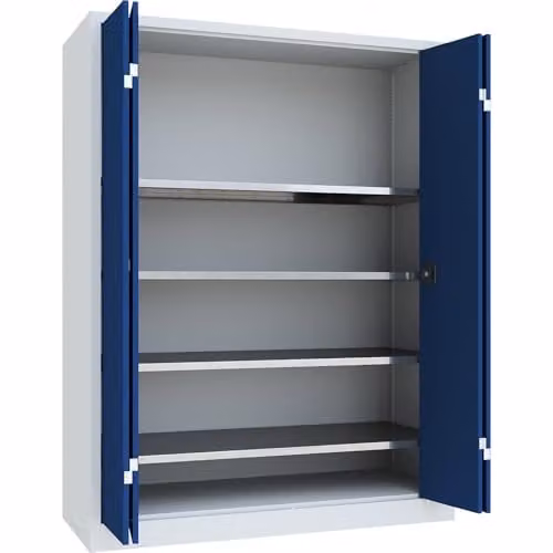 Armario de puertas plegables Certeo en gris y azul con estantes internos y cerradura, An: 150 cm, P: 60 cm, Al: 195 cm