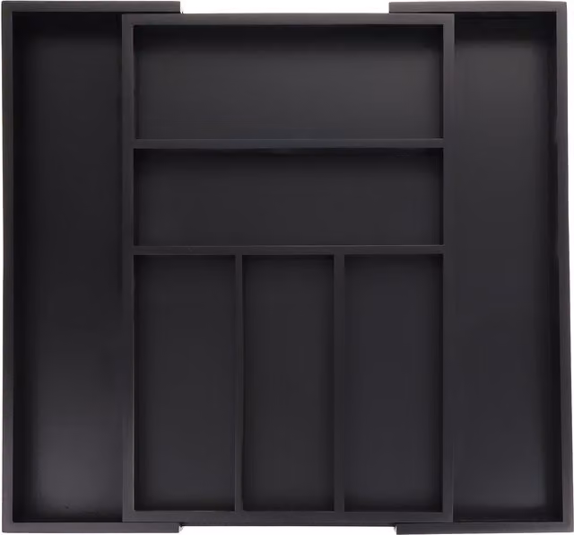 Cubertero extensible de bambú y MDF Relaxdays con 5 compartimentos, negro, An/P/Al: 30,5 x 46 x 5 cm