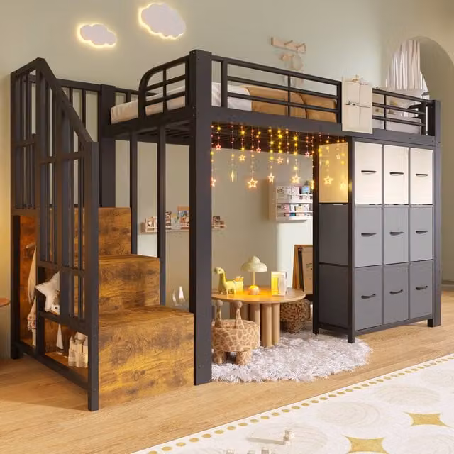 Cama Altillo HAUSS SPOLE Negra de Metal y MDF con Armario, Escaleras de Almacenamiento y Barra para Colgar, An/P/Al: 90 x 200 x 251,5 cm
