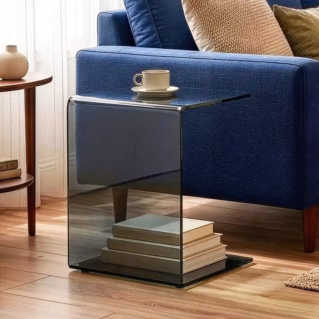 Mesa auxiliar Trölmapilu en forma de C de en.casa con vidrio templado gris An/P/Al: 60 x 40 x 40 cm