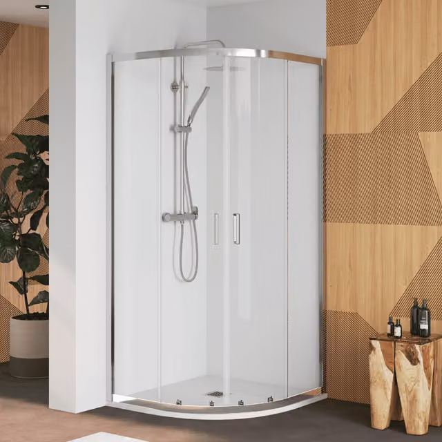Mampara de ducha curva angular BAÑO TOTAL transparente de cristal templado con sistema corredera, An/P: 90 x 90 cm, Altura: 190 cm