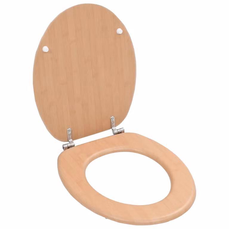 Set de 2 asientos de inodoro ovalados vidaXL de bambú y MDF color marrón con cierre suave y herrajes de zinc y cromo