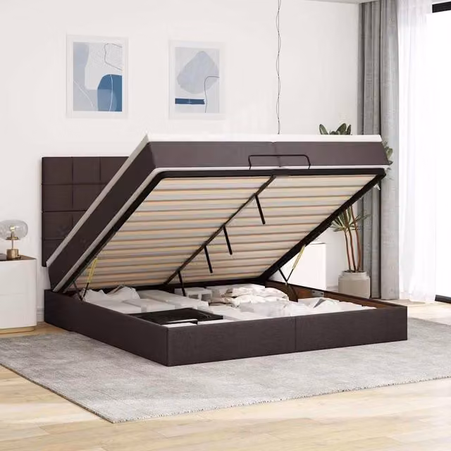 Cama otomana con colchón híbrido Maison Exclusive en tela marrón oscuro y blanco, An/P/Al: 200 x 200 x 28 cm