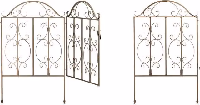 Puerta de jardín de acero Relaxdays con adornos y 2 paneles de valla, color bronce, An/Al: 98,5 x 185 cm