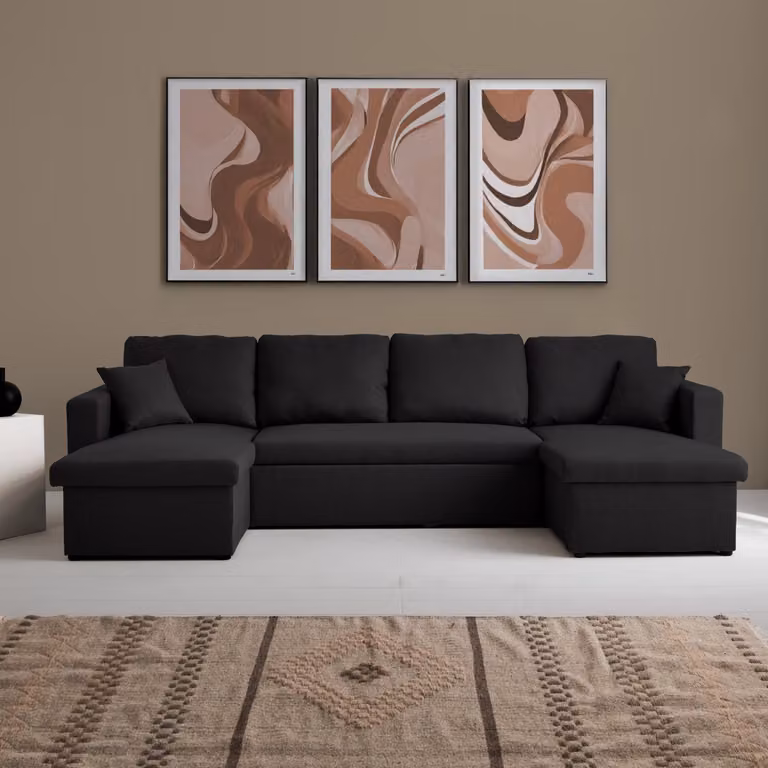 Sofá cama panorámico SWEEEK en tela negro de 4 plazas con forma en U y función de cama, An/P/Al: 288 x 146 x 86 cm