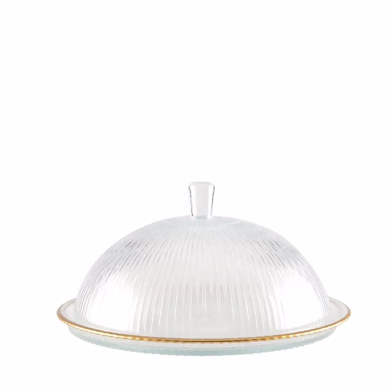 Campana de vidrio transparente con bordes dorados y plato redondo Aulica An/P/Al: 32 x 32 x 17 cm