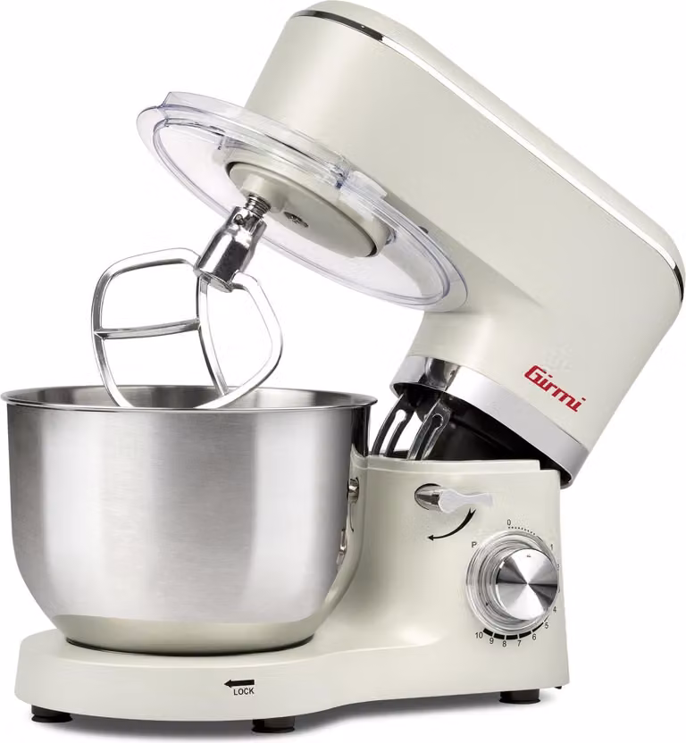 Batidora de pie Girmi IM47 en color beige con acabado en acero inoxidable, capacidad de 6 litros y potencia de 1500 W para amasado, batido y mezclado