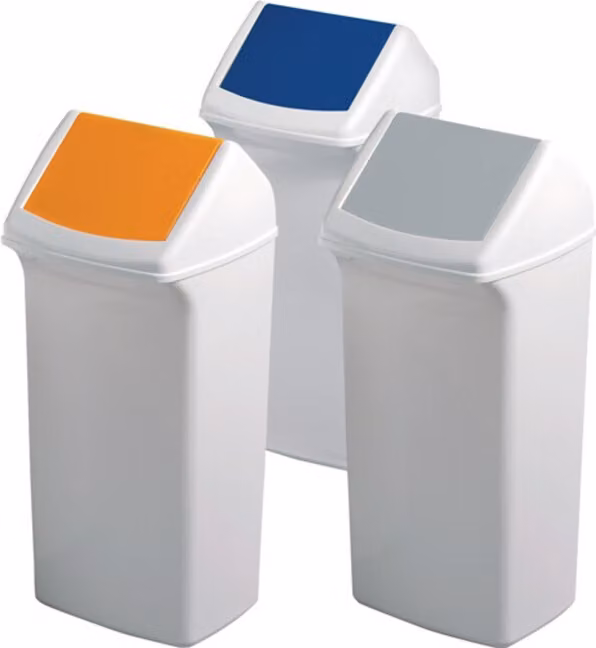 Contenedor de residuos Durable de 40 litros con tapa, color blanco y azul, An/P/Al: 32 x 36,6 x 74,7 cm