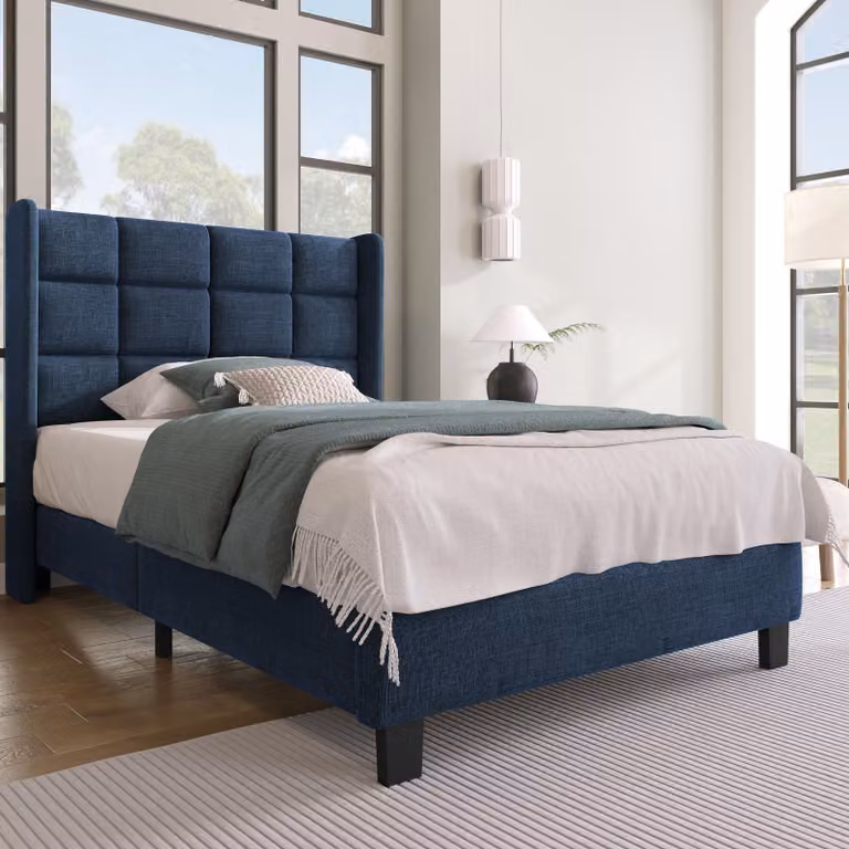 Cama individual tapizada STILVORA en color azul con cabecero alto y somier de lamas, An/P/Al: 90 x 200 x 111 cm