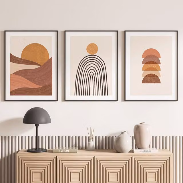 Juego de 3 pósteres decorativos de papel Lumalea estilo boho con diseño abstracto y urbano en multicolor y negro, An/P: 40 x 50 cm