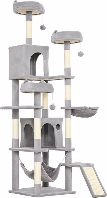 Árbol rascador para gatos PawHut de 192 cm con hamacas, casitas y postes de sisal en gris claro