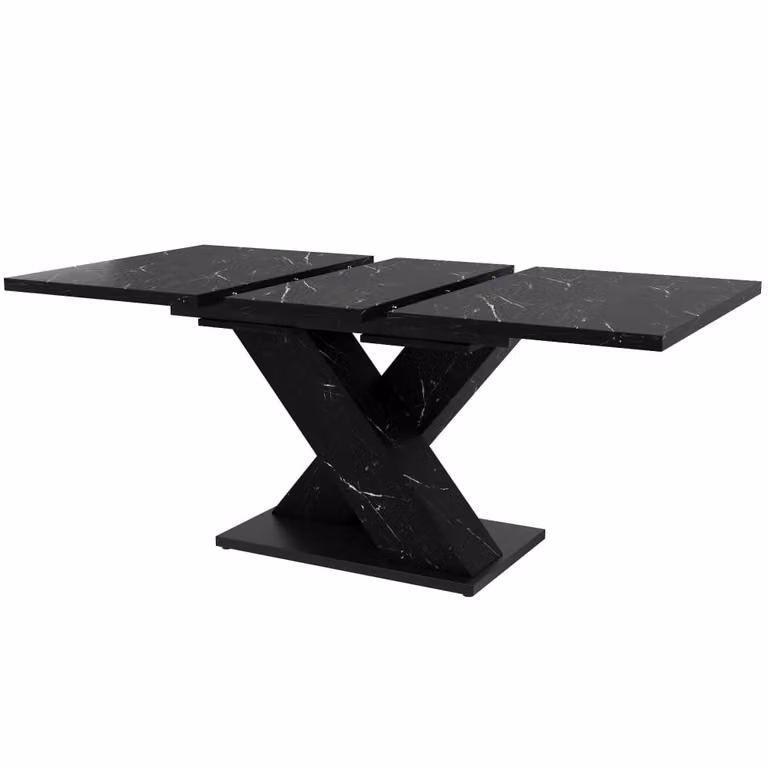 Mesa de comedor extensible MODFU de estilo moderno con patas en forma de X y acabado efecto mármol en color negro, An/P/Al: 119 x 80 x 75 cm (extensible hasta 158,5 cm)