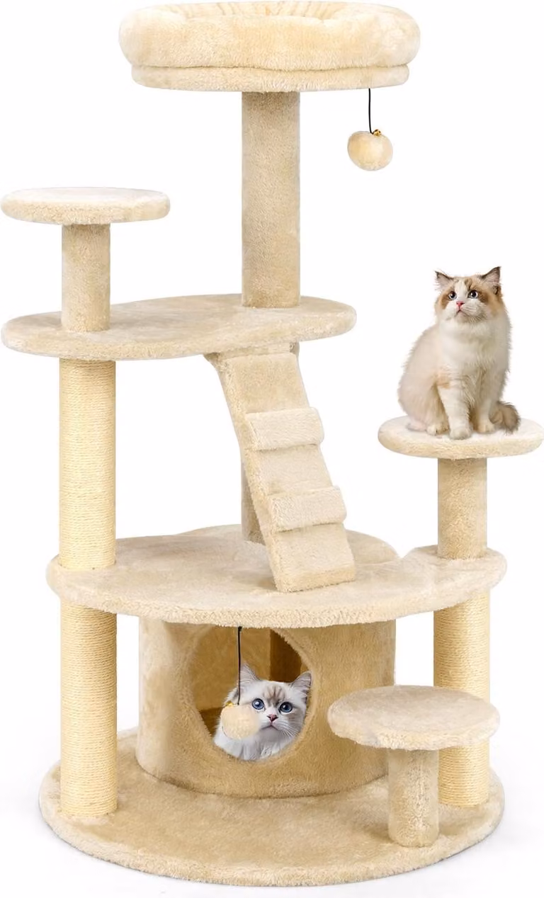Árbol para gatos Northix con cueva, juguetes integrados y rascador de sisal, color beige