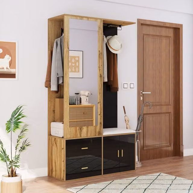 Mueble de entrada MODENVIE con espejo, banco, zapatero, 2 ganchos y barra extraíble, An/P/Al: 100 x 38 x 180 cm