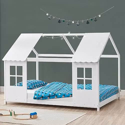 Cama infantil Montessori en forma de casa Tostedt de en.casa en madera de pino blanca, An/P/Al: 90 x 200 cm