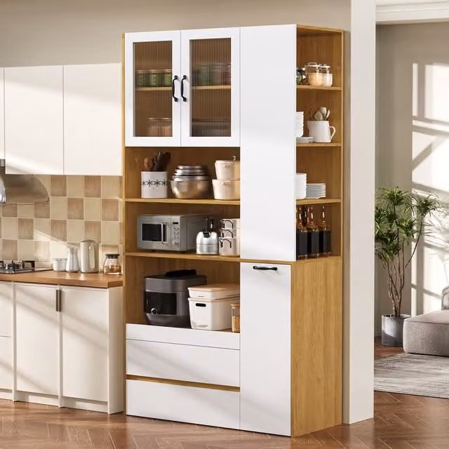 Aparador moderno OKWISH con 2 cajones, estantes internos y puertas de vidrio estriado en blanco y natural, An/P/Al: 100 x 40 x 200 cm