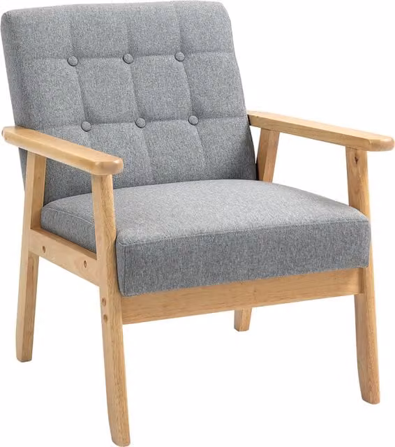 Butaca de salón HOMCOM tapizada en lino gris claro con reposabrazos y estructura de madera de caucho