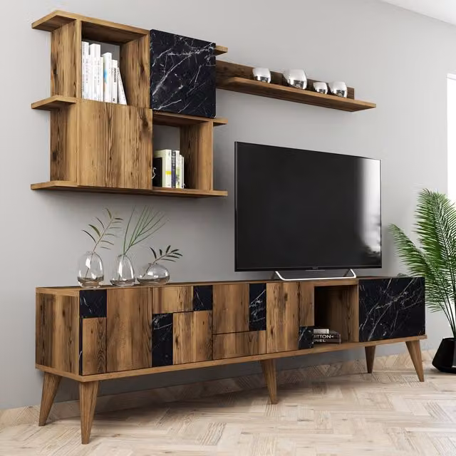 Mueble de salón modular DMORA con estantes abiertos y puertas con bisagras, acabado nogal mate y detalles en negro
