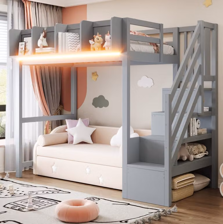 Cama alta infantil REDOM de madera gris con almacenaje, escalera, estantería integrada, zona de juegos e iluminación LED, An/P/Al: 90 x 200 x 170 cm