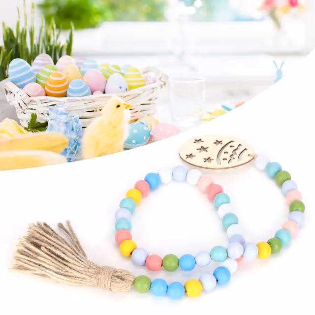 Guirnalda decorativa de cuentas de madera para Pascua y primavera de Infinite, multicolor con cuerda de cáñamo, Longitud: 85 cm