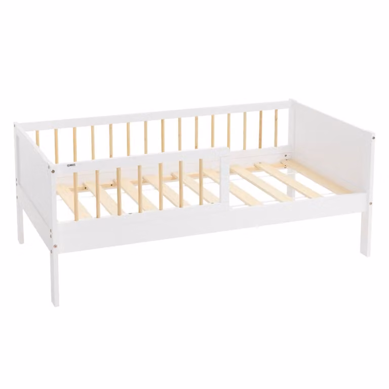 Cama infantil ML-Design de madera con somier de láminas y protección anticaída, color blanco y beige, An/P/Al: 140 x 70 cm