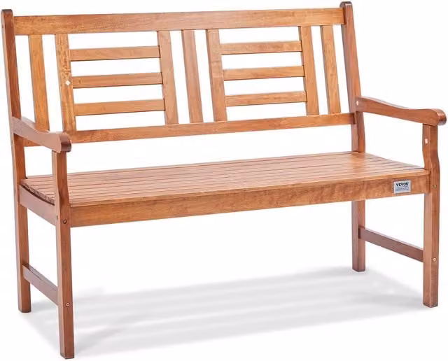 Banco de jardín exterior Vevor de madera tratada con respaldo y reposabrazos, color marrón, 122 cm