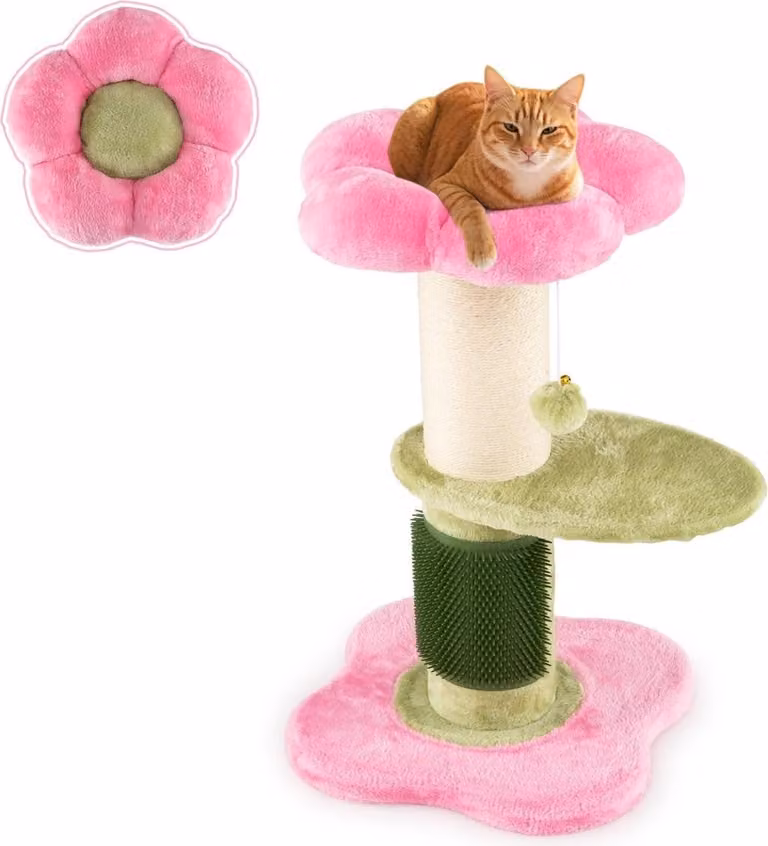 Rascador para gatos Northix con juguetes integrados, poste de sisal y diseño floral, color rosa, Altura: 69 cm