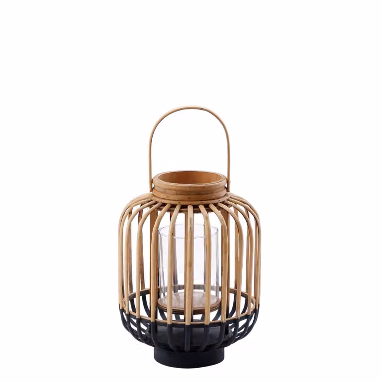 Farol de mesa Sia Deco en color beige con detalles de bambú y madera, Altura: 38 cm, Diámetro: 20,5 cm