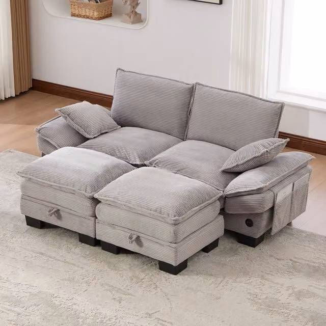Sofá Modular de 2 Plazas Kellany en Pana Gris con 2 Otomanas, Diseño en L con Puerto USB y Acolchado de Espuma, An/P/Al: 190 x 132 x 84 cm