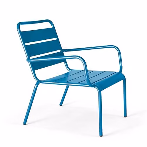 Silla de jardín bajo relax Oviala de Palavas en acero azul con textilene y reposabrazos