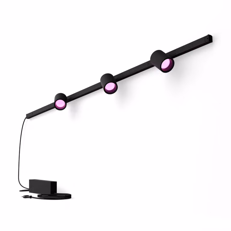 Kit de iluminación Philips Hue White & Color Ambiance con riel de pared recto y 3 focos LED en color negro
