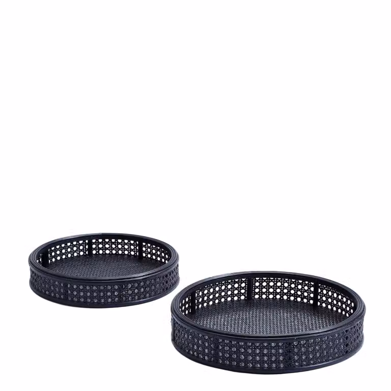 Set de 2 bandejas decorativas redondas Sia Deco en color negro de ratán y madera, Diámetro: 36 cm, Altura: 8 cm