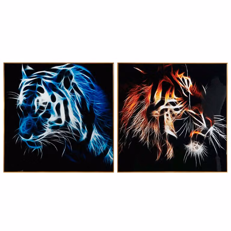 Conjunto de 2 cuadros de tigre NIYLO en metal negro y multicolor, An/An/Al: 80 x 80 x 3 cm