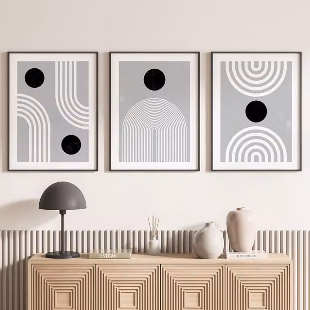 Juego de 3 pósteres trípticos Lumalea con diseño geométrico abstracto en colores negro y gris, An/Al: 70 x 100 cm