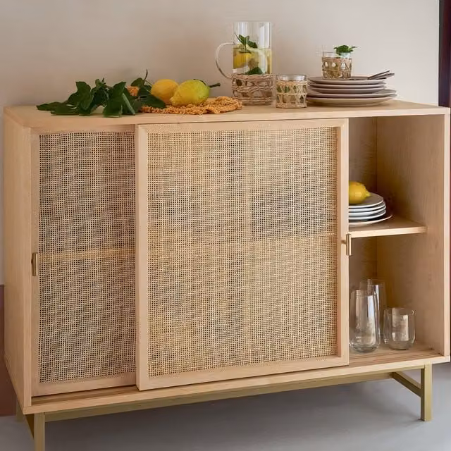 Aparador Rayo Atmosphera con 2 puertas correderas de ratán y madera color beige An/P/Al: 100 x 78,5 x 40 cm