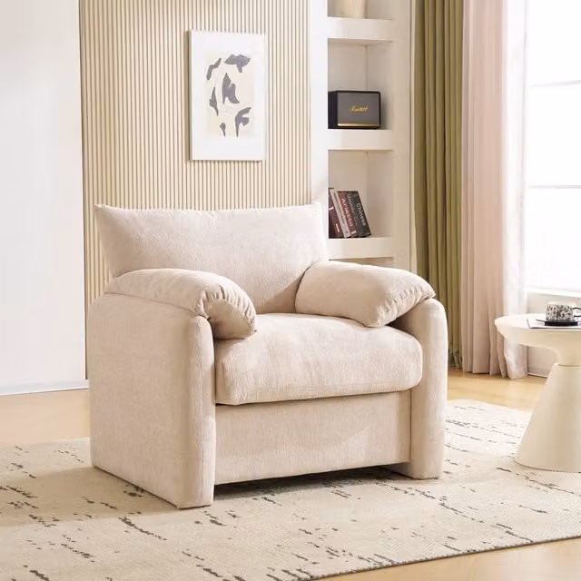 Sillón de una plaza STILVORA con reposabrazos y cojines en tejido beige, diseño moderno para salón o dormitorio, An/P/Al: 96 x 82 x 84 cm