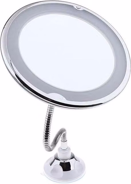 Espejo de maquillaje con aumento 10x y luz LED Trade Shop Traesio en color blanco y plata con rotación de 360 grados y montaje adhesivo