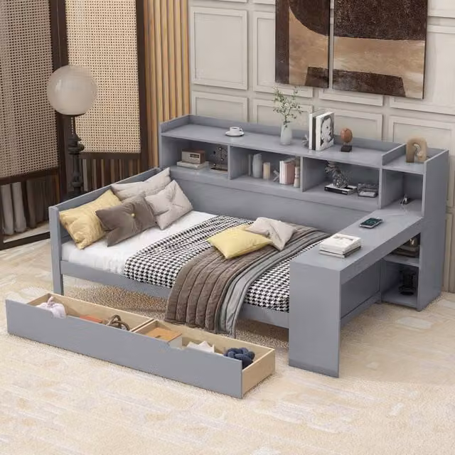 Cama Diván Individual MODENVIE con Escritorio, 2 Cajones, Estantes y Puerto USB, Gris, 90x200 cm