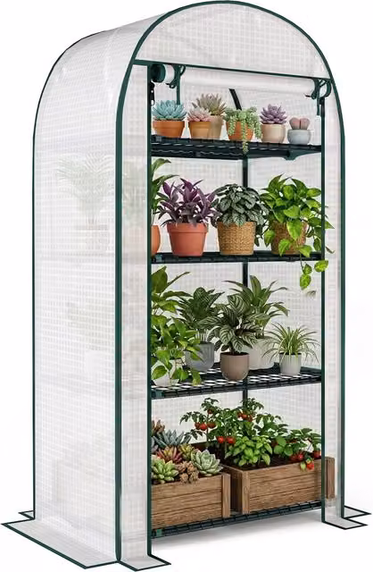 Invernadero de jardín TREETALK para balcón con 4 estantes, resistente a los rayos UV y puerta enrollable, color blanco, An/P/Al: 80 x 50 x 160 cm