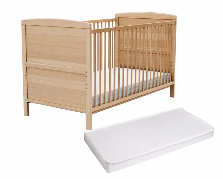 Cuna de bebé ajustable de madera maciza de haya con colchón de tela en color blanco o beige, An/P/Al: 144 x 74 x 86,5 cm