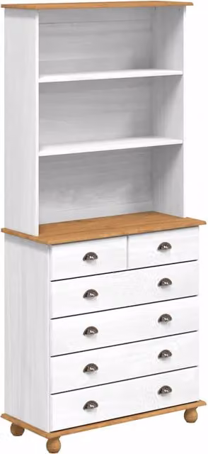 Vitrina con cajón Askim SYFAX de madera de pino maciza en color blanco, An/P/Al: 91 x 40 x 200,5 cm