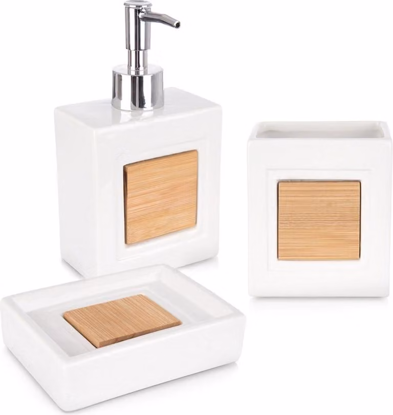 Juego de accesorios para baño Northix de 3 piezas en piedra y bambú, color blanco multicolor