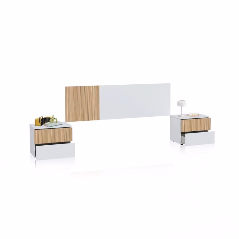 Cabecero con mesitas de noche integradas y cajones Duehome en color blanco y beige