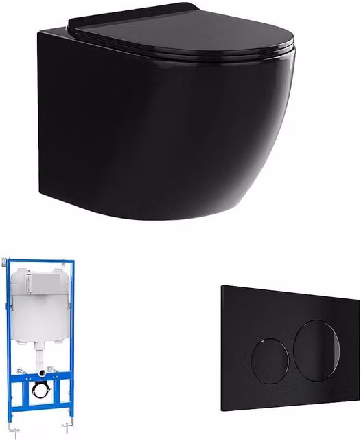 Inodoro suspendido de cerámica negro brillante VENTE-UNIQUE con bastidor, placa de accionamiento, sistema rimless y cierre suave