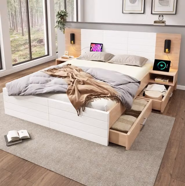 Cama Mivray de madera maciza y MDF en color blanco y roble claro con 2 cajones, 2 mesitas, luz de lectura integrada, puerto USB y somier, An/P/Al: 160 x 200 cm