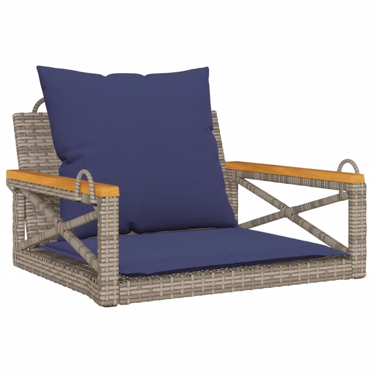 vidaXL Banco columpio de ratán sintético con cojines y reposabrazos en color gris y azul An/P/Al: 63 x 62 x 40 cm