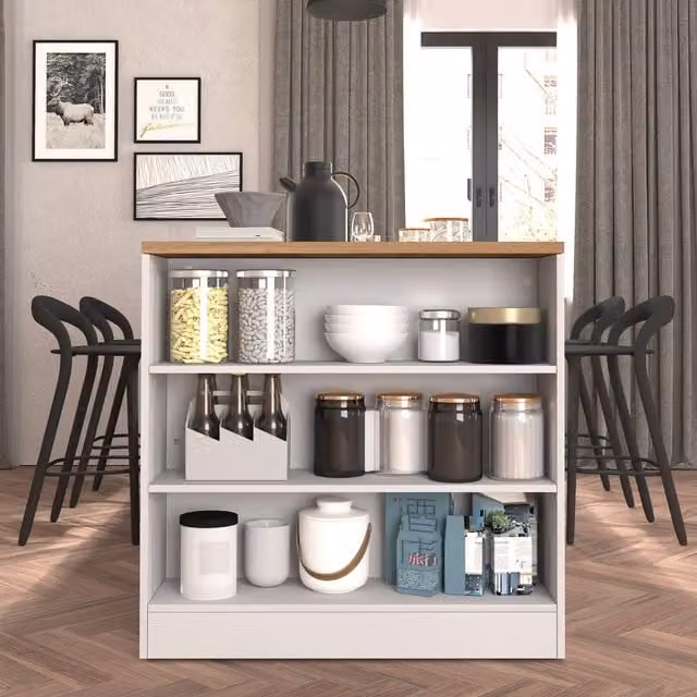 Mueble estantería de cocina y salón WHOUS con 3 estantes en blanco brillo y roble, An/P/Al: 90 x 25 x 90 cm