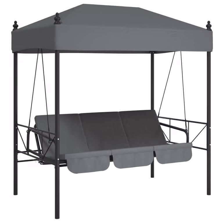vidaXL Banco columpio de jardín convertible en cama con toldo y cojines, acero y tela gris