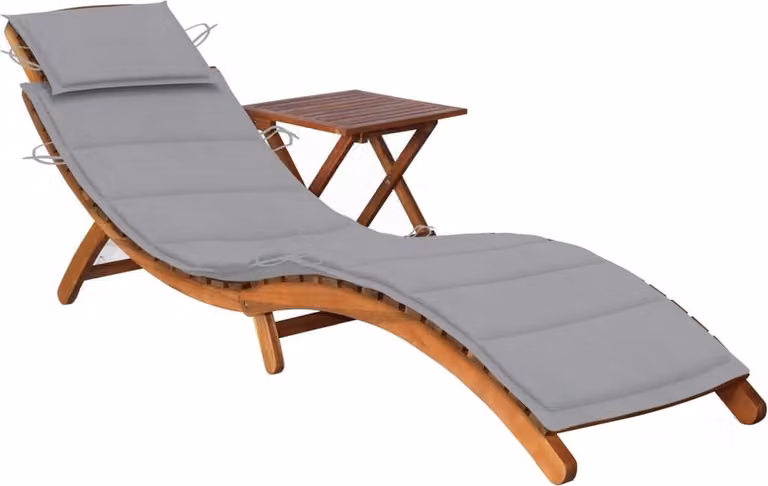 Tumbona de jardín Syfax de madera de acacia con mesa y cojín gris de diseño ergonómico y moderno