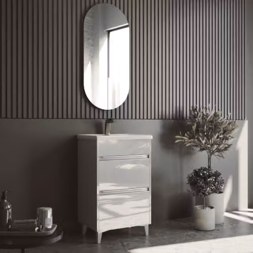 Mueble de baño de suelo B BAÑO TOTAL en color blanco brillo con acabado roble y puertas con cajones internos de cierre suave, An/P/Al: 70 x 39 x 82 cm
